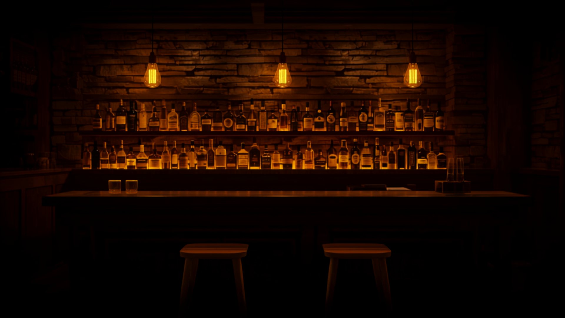 Inside Costanza's Stone Tavern — a stacked-stone bar lit by three warm Edison pendants over a backlit shelf of bottles