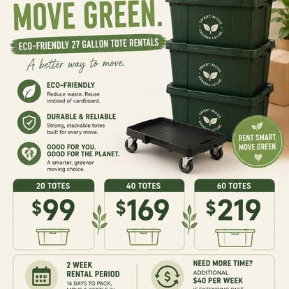 Hometown Tote Rentals rate card: 20 totes $99, 40 totes $169, 60 totes $219, 2-week rental period, plus $40 per week to extend