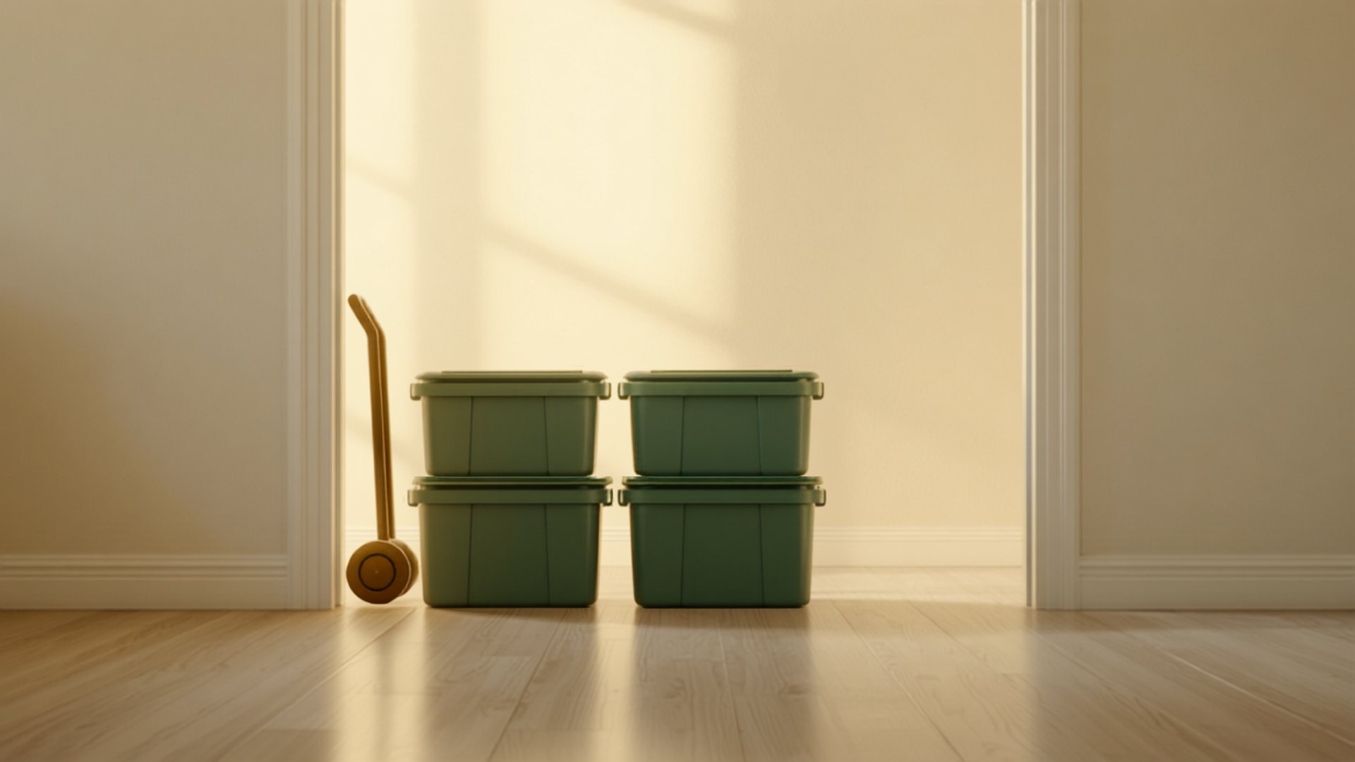 Four heavy-duty green moving totes stacked beside a hand-truck dolly in a sunlit, empty room
