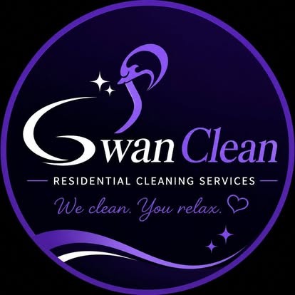 Swan Clean logo: white swan on deep purple with sparkles and the script tagline 'We clean. You relax.'