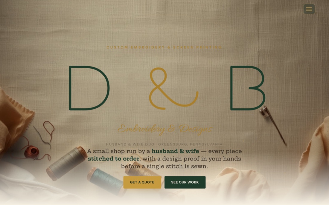 D & B Embroidery and Designs — website hero preview