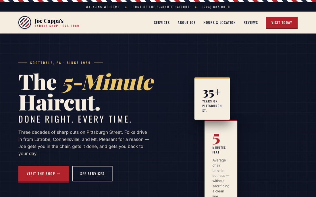 Joe Cappa's — website hero preview