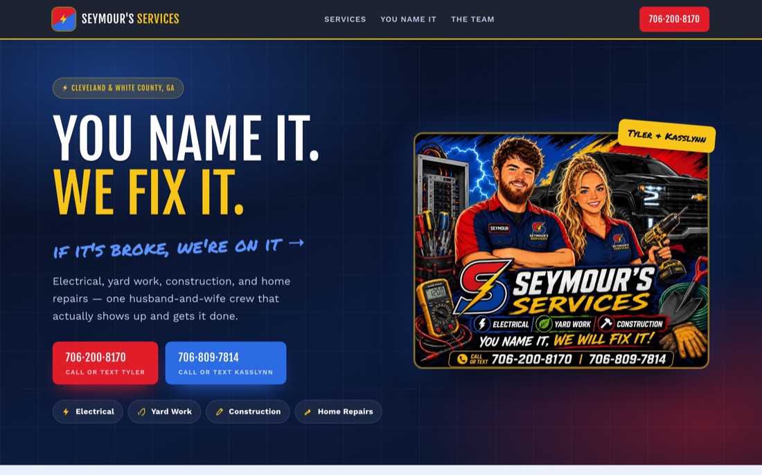 Seymour's Services — website hero preview